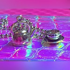 teacup & saucer W/teapot silver tone necklace dog tag chain fits overhead